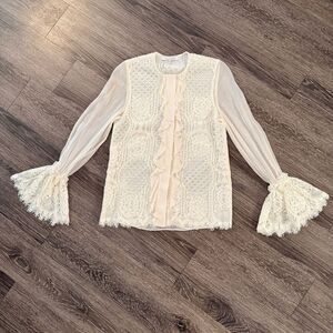 ALEXIS Ivory Silk Chiffon Floral Lace Ruffle Hidden Buttons Blouse Top